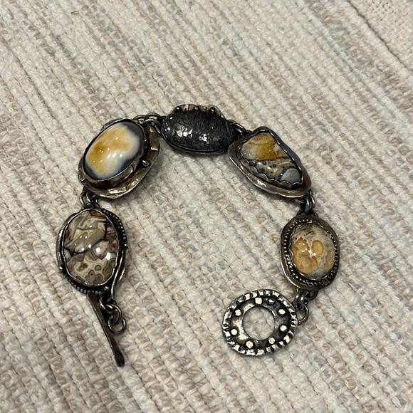 Handmade silver bracelet with tan and gray stones - Picture 1 of 6